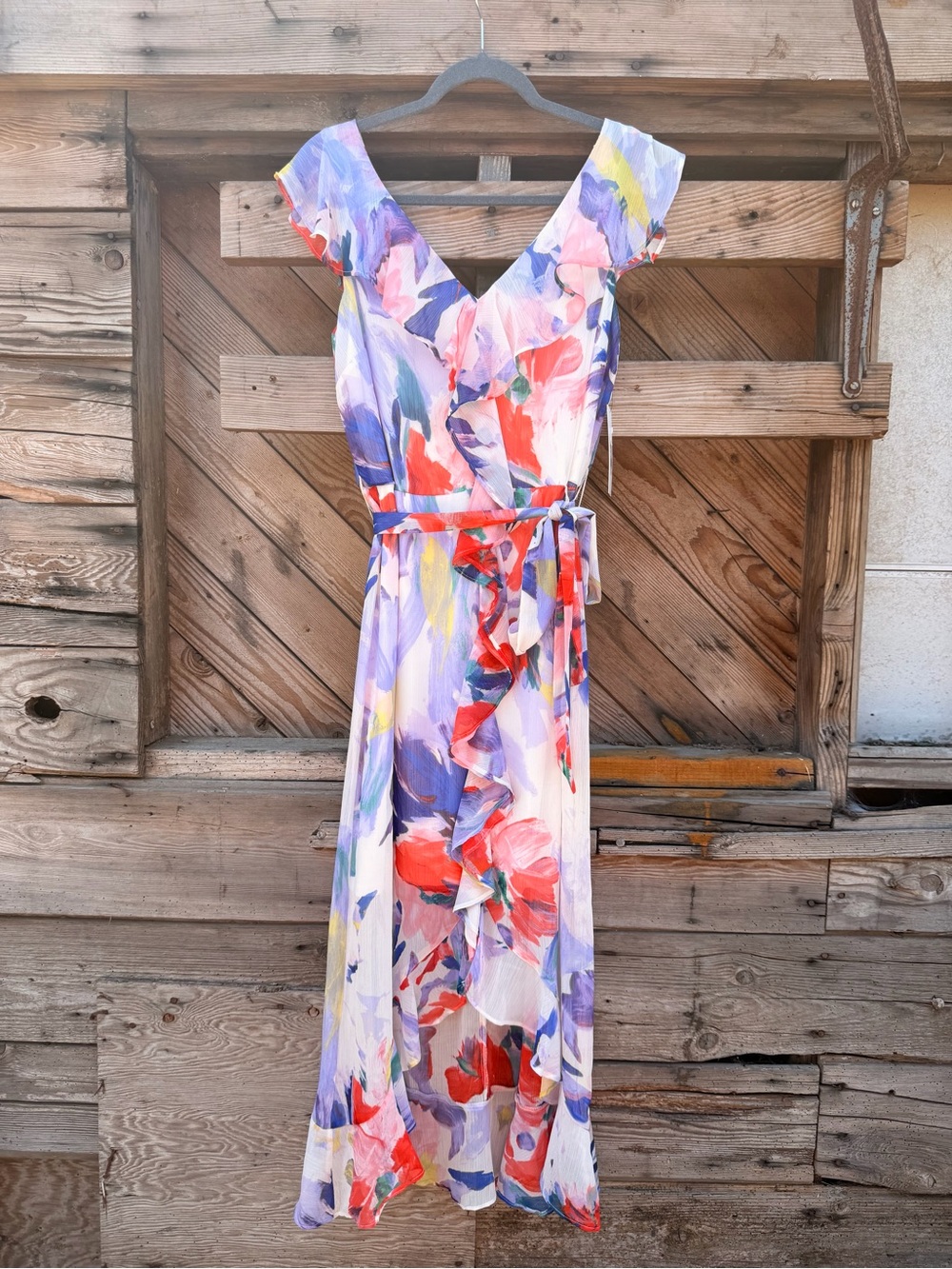 Harper Floral Wrap Maxi Dress in Lavender, Red, Pink, Yellow